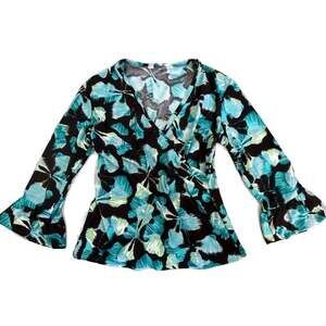 Current Abstract Print Faux Wrap Top Teal Black V-Neck Ruffle Bell Sleeve Blouse